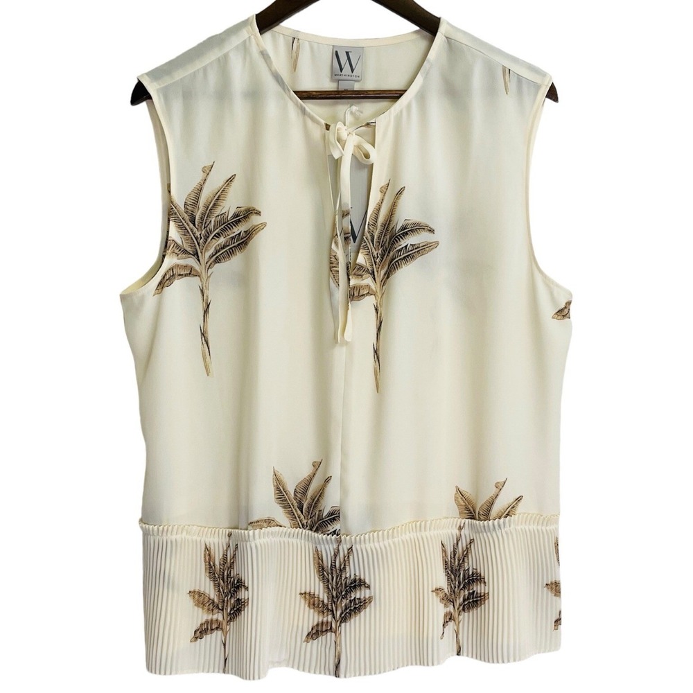 Worthington Blouse Womens XL Ivory Palm Tree Tropical Pleated Tie Neck Top